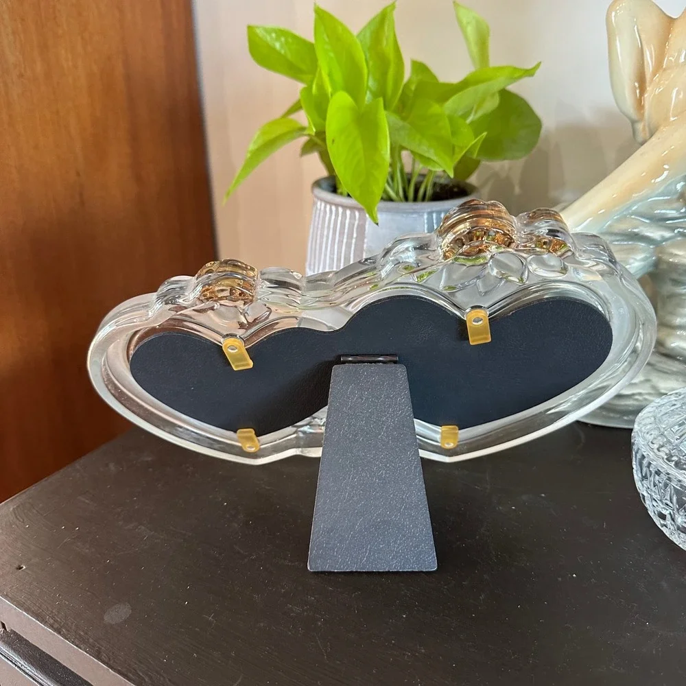 VTG Mikasa Crystal Double Heart Picture Frame Gold Roses Frosted Cottage Wedding